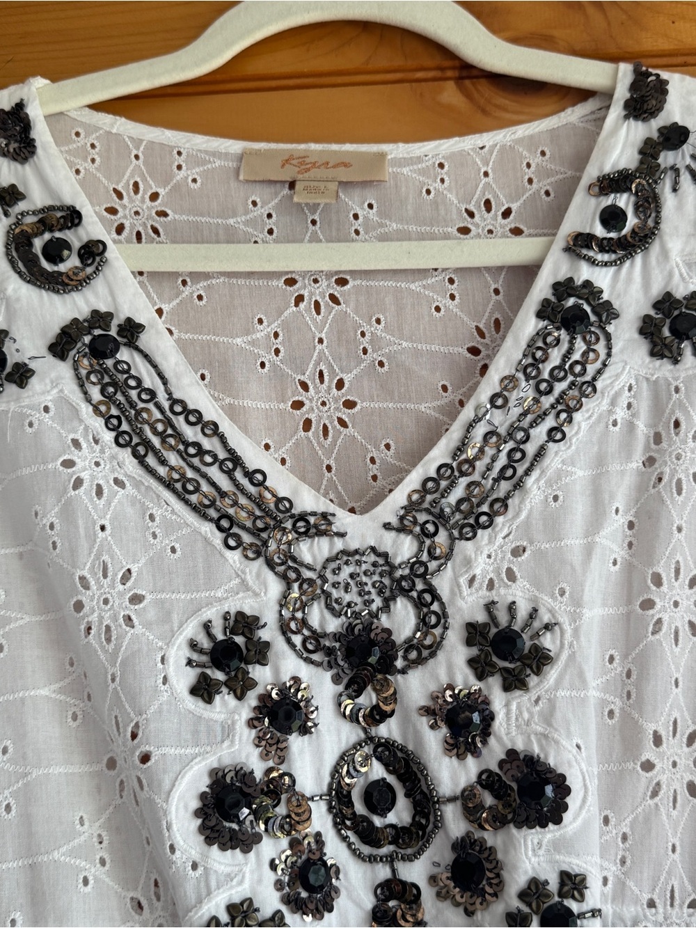 Kyra Beaded Eyelet Peasant Blouse L Boho Festival Cottagecore Resort Cotton - Picture 3 of 16